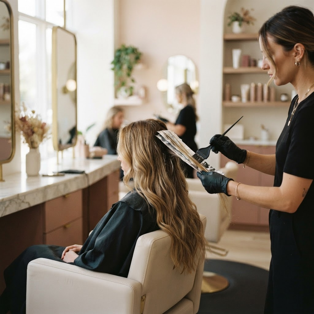 Hairstylist applying balayage color to a client in an upscale salon